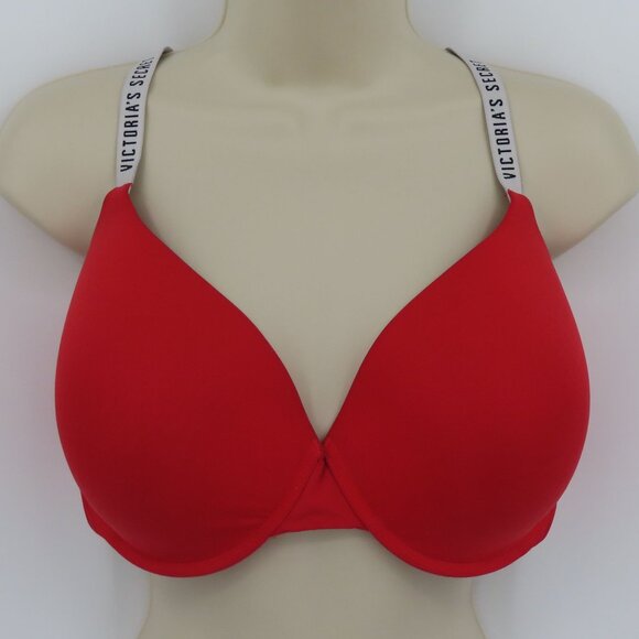 Victorias Secret 38DDD T Shirt Lightly Lined Demi Bra Red Underwire Logo Straps - Picture 16 of 16